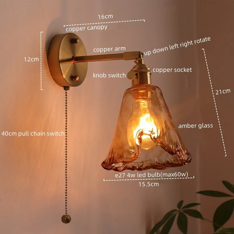 Amber Glass LED Wall Lamps for Living Room and Bathroom Mirror Lighting