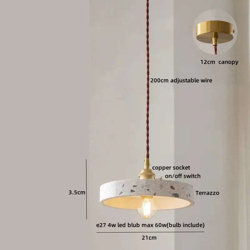 Afralia™ Minimalism LED Pendant Light Fixture Terrazzo Marble Stone Wood Hanging Lamp