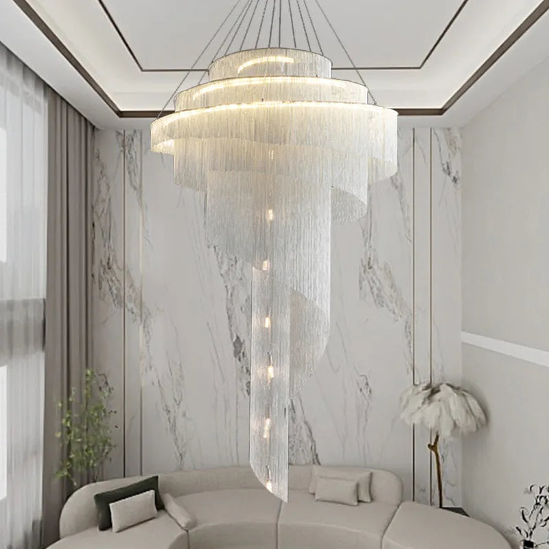 Gold Tassel LED Chandelier for High Ceilings - Elegant Home Decor Lighting