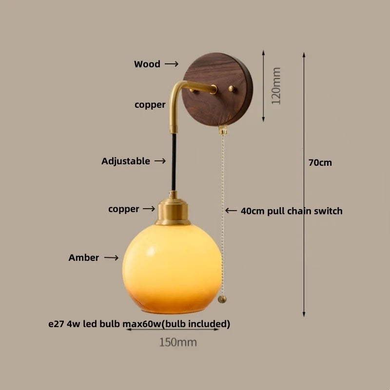 Wood LED Wall Lamp with Pull Chain Switch for Living Room, Dining Room, Bathroom