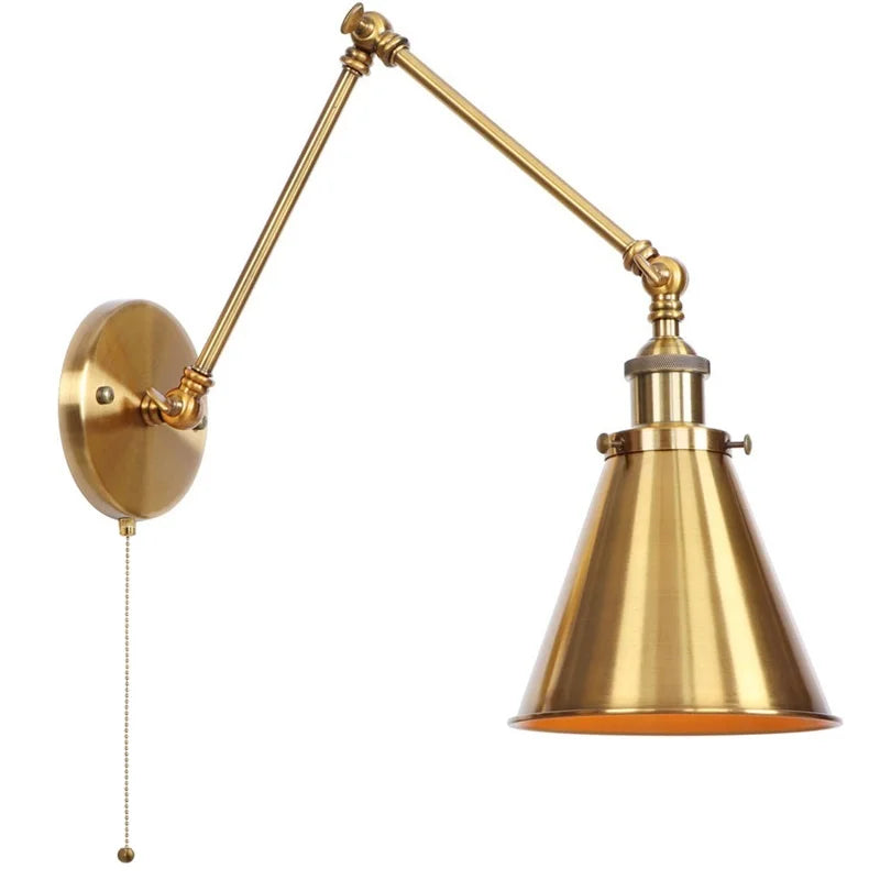 Vintage Iron Gold LED Wall Lamp with Long Arm and Pull Chain Switch