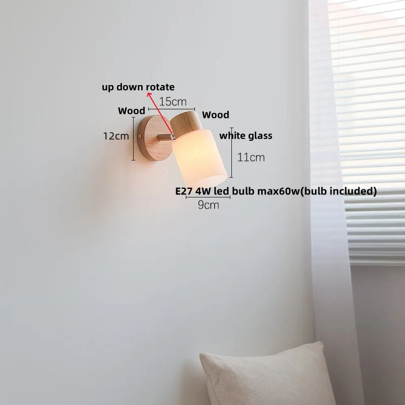 Modern LED Wall Sconce Light Fixture, Wood Canopy, White Glass, Nordic Design