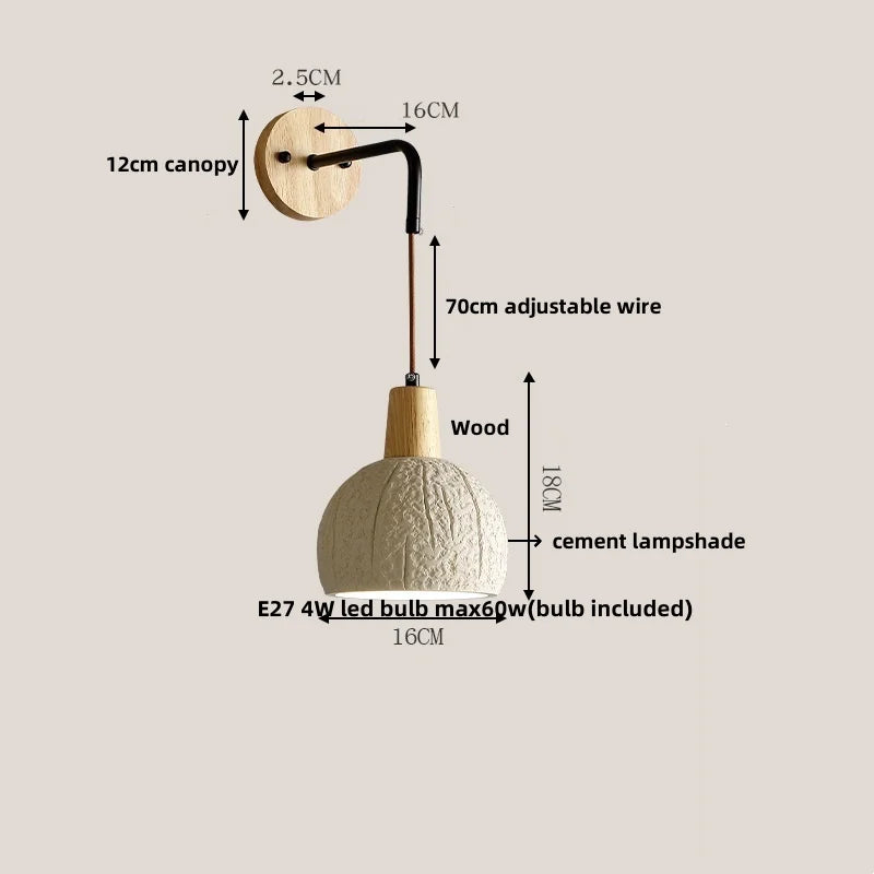 Adjustable Wall Lights Pull Chain Switch Wood Socket Cement Modern Bedside Lamp