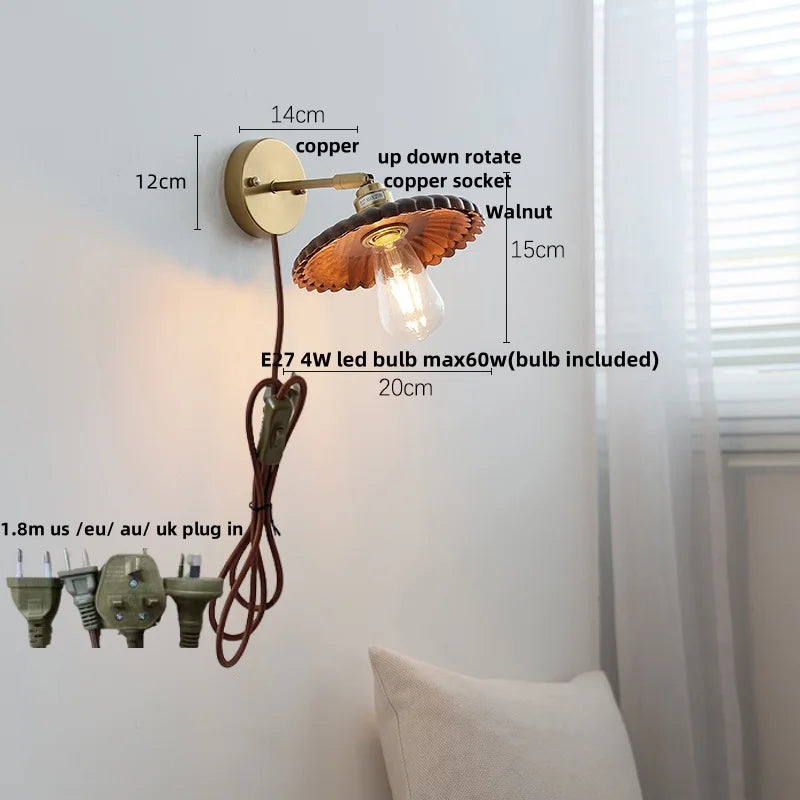 Walnut Wood LED Wall Sconce, Pull Chain Switch, Copper Socket, Bedroom Aisle Hallway