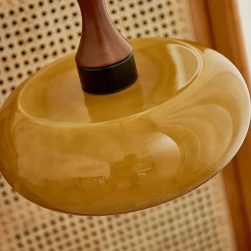 Vintage Amber LED Pendant Light Fixture Wood Glass Loft Adjustable Hang Lamp