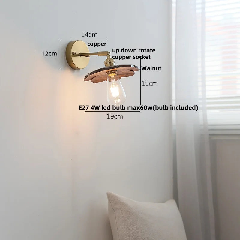 Walnut Wood LED Wall Light Fixture with Pull Chain Switch, Rotating Up Down Design