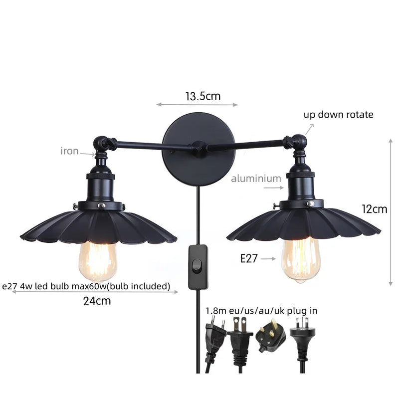 Industrial Retro LED Wall Lamp with Two Heads and Pull Chain Switch
