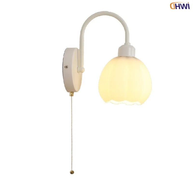 White Glass LED Wall Lights Modern Simple Pull Chain Switch Iron Stair Light