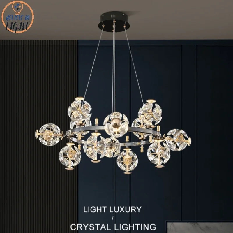 Sunflower Crystal Chandelier: Luxury Gold & Black LED Pendant Light