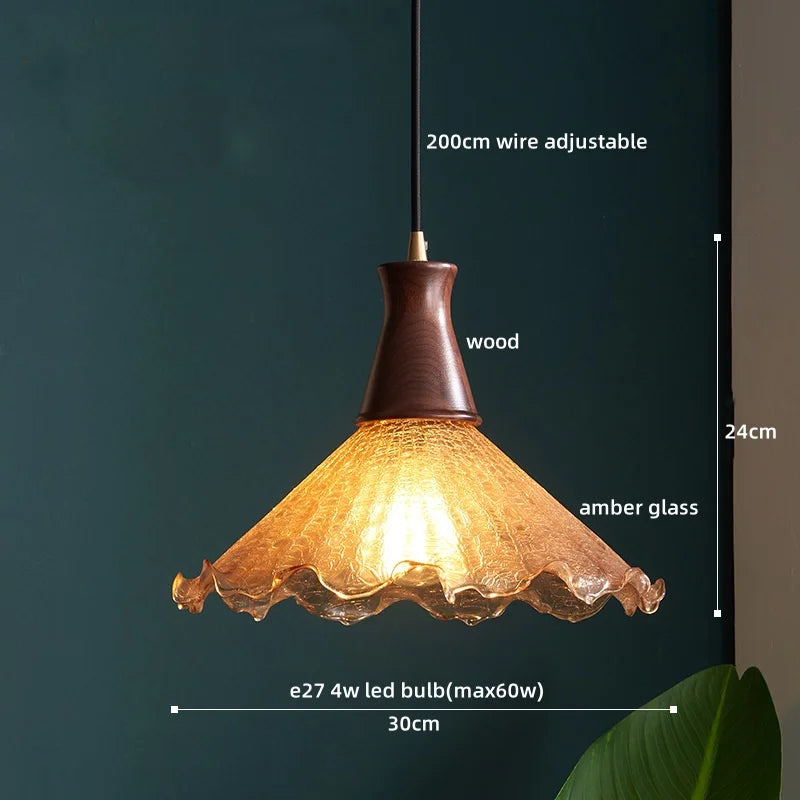 Wood Glass LED Pendant Lights Modern Hanging Lamp for Kitchen Living Room