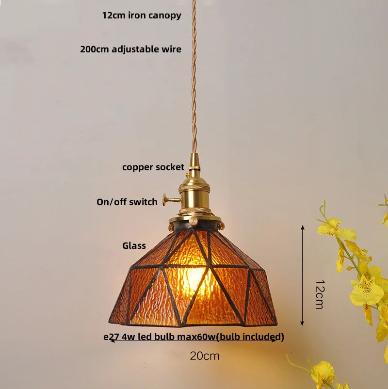 Amber Glass LED Pendant Lamp with Walnut Wood Accent - Modern Nordic Hanging Light