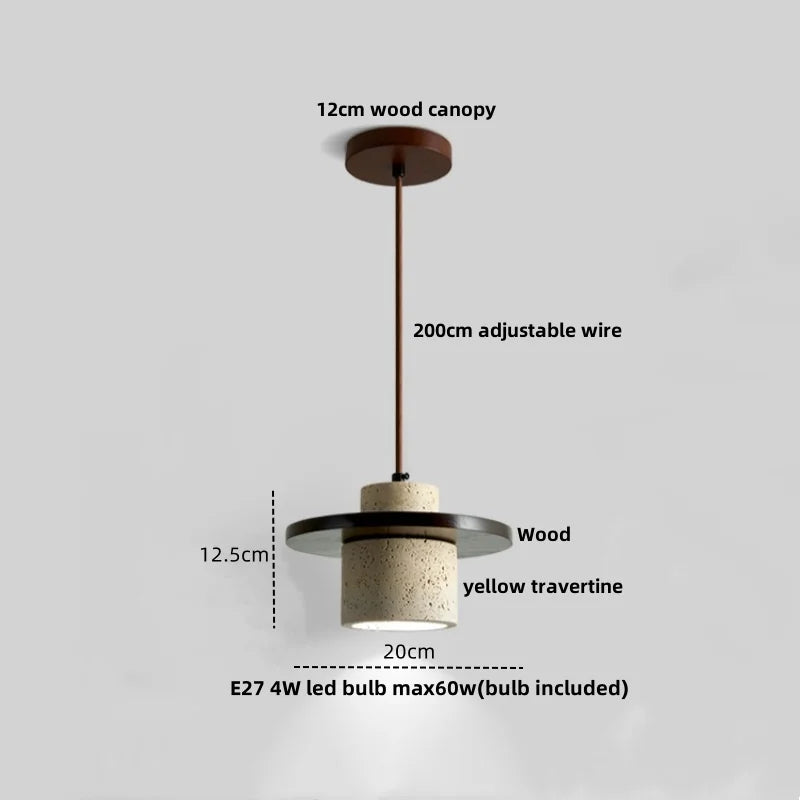 Nordic LED Pendant Lamp Wood Base Yellow Travertine Adjustable Hanging Light