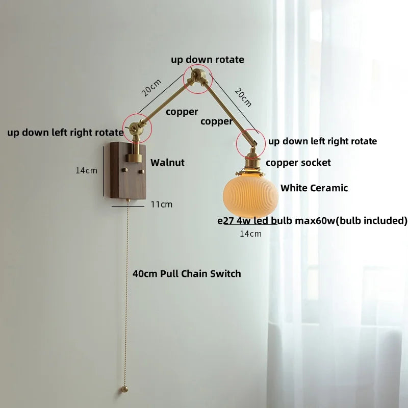 White Ceramic LED Wall Light Nordic Modern Copper Rotatable Bedside Lamp