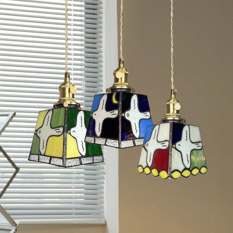 Peace Dove Tiffany Style LED Pendant Lamp - Colorful Glass, Copper Knob Switch