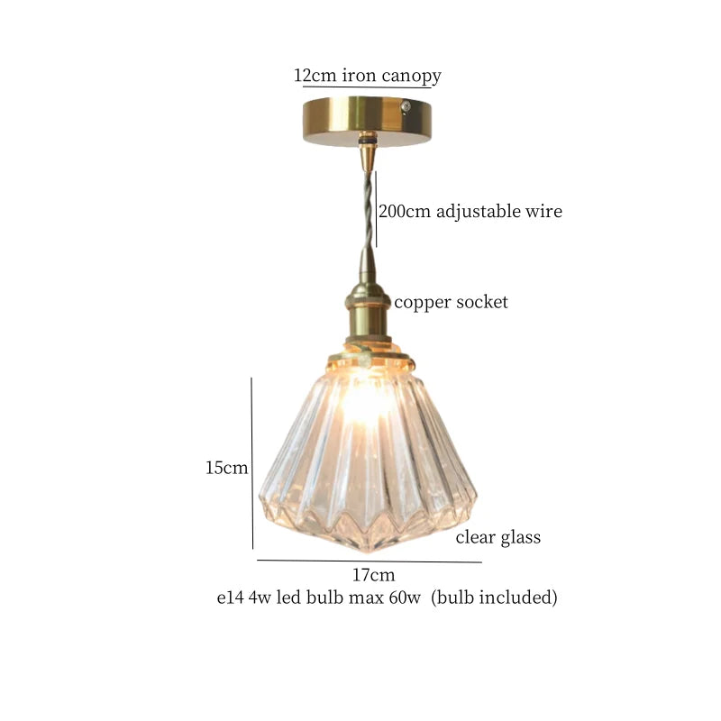 Glass LED Pendant Lights Japanese Brass Hanging Lamp for Kitchen Living Room