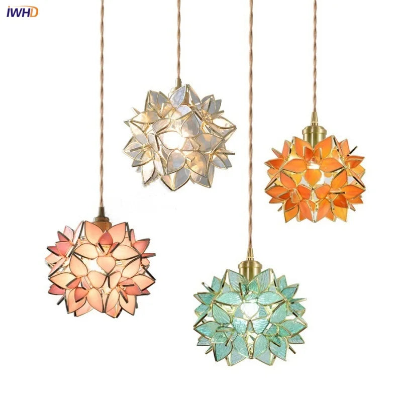 Flower Glass Pendant Lamp E27 Copper Hanging Light - Adjustable 200cm Wire