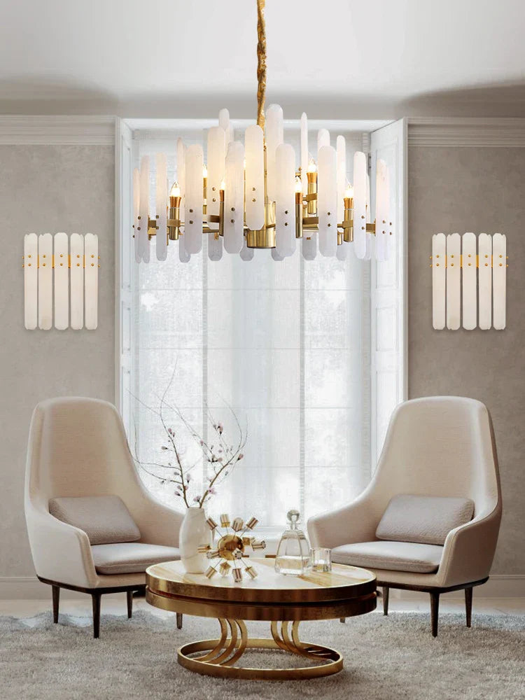 Marble Collection 2025 Chandelier: E14 LED Alabaster Hanging Lamp for Living Room