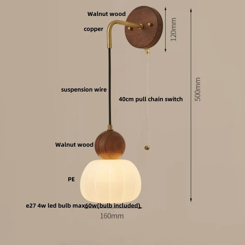 Walnut Wood LED Wall Lamp Sconce Pull Chain Switch Adjustable Art Light