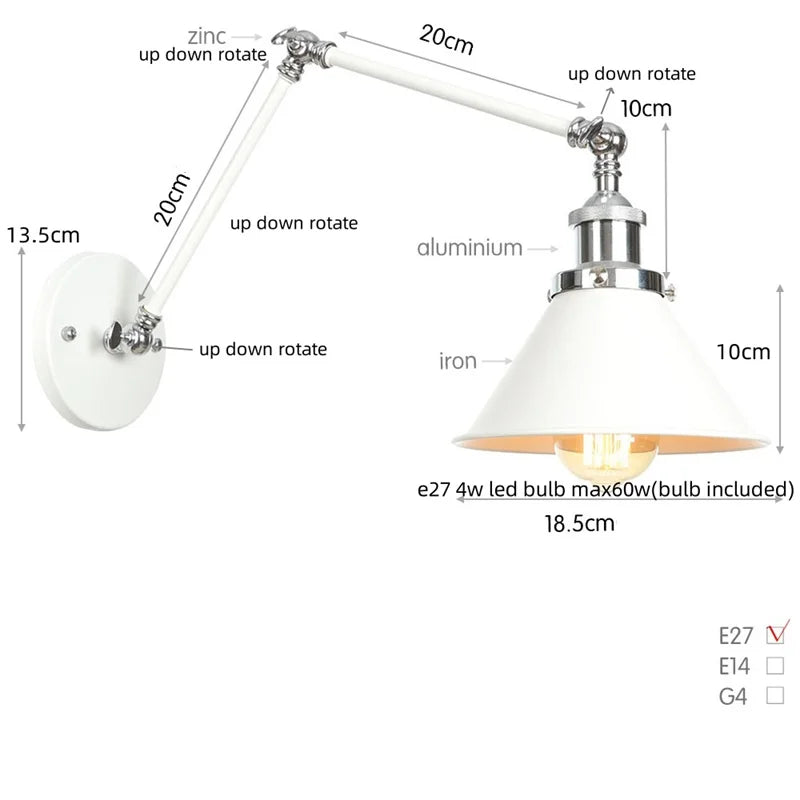 Vintage White LED Wall Sconce Stair Light Fixture with Pull Chain Switch