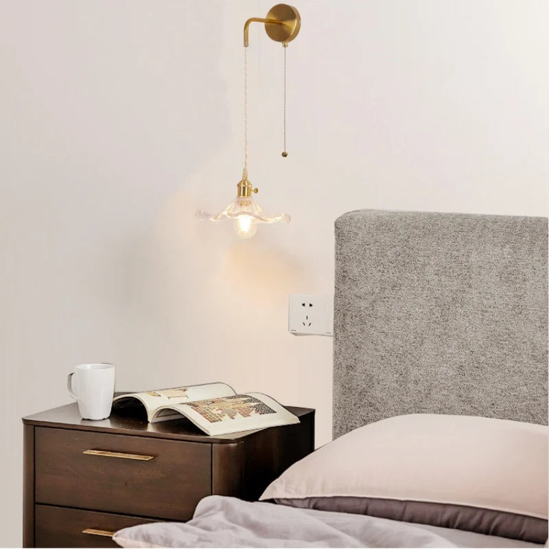 Copper LED Glass Wall Sconce with Pull Chain Switch for Living Dining Room