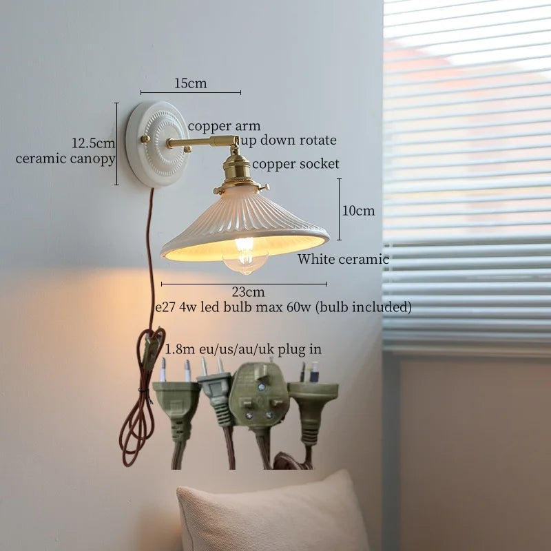 Afralia™ Copper Ceramic LED Wall Light with Pull Chain Switch for Living Room Decor.