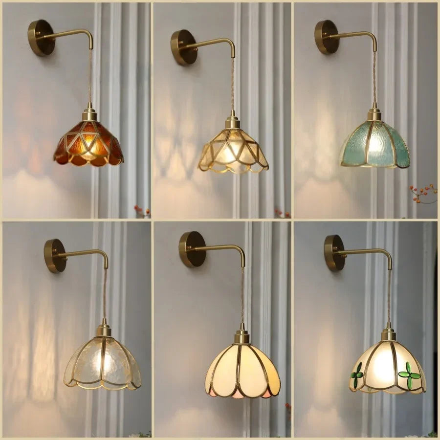 Tiffany Glass LED Wall Sconce Pull Chain Switch Bedroom Foyer Lamp