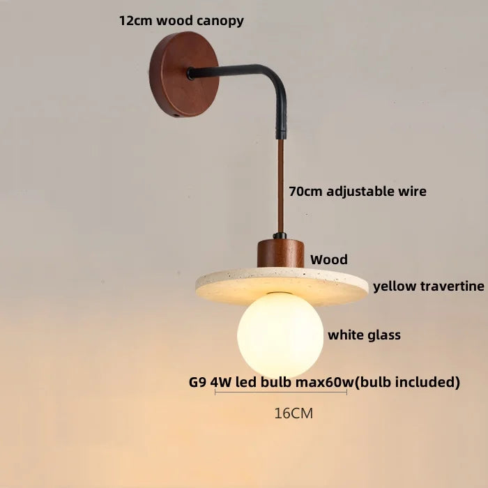 Wood LED Wall Lamp Yellow Travertine Pull Chain Switch Modern Nordic Style