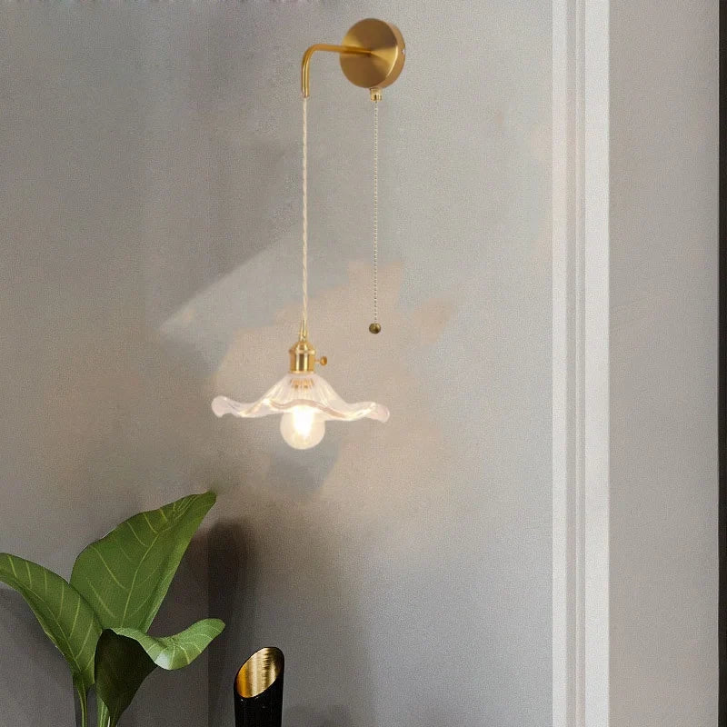 Copper LED Glass Wall Sconce with Pull Chain Switch for Living Dining Room
