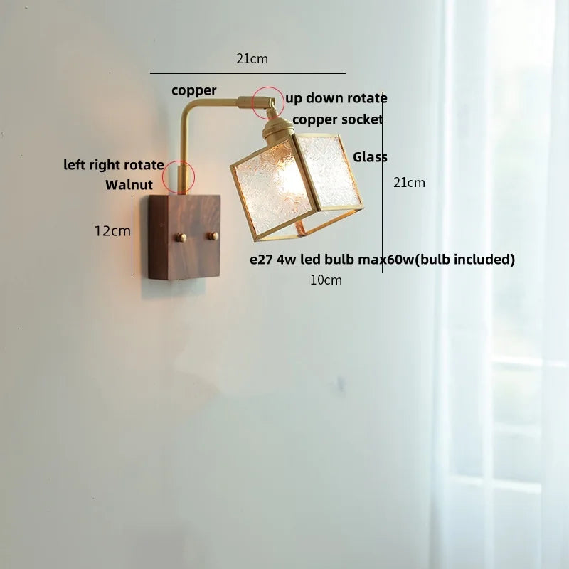 Walnut LED Wall Lights Pull Chain Switch Bedside Lamp Vintage Cube Glass Stair Light