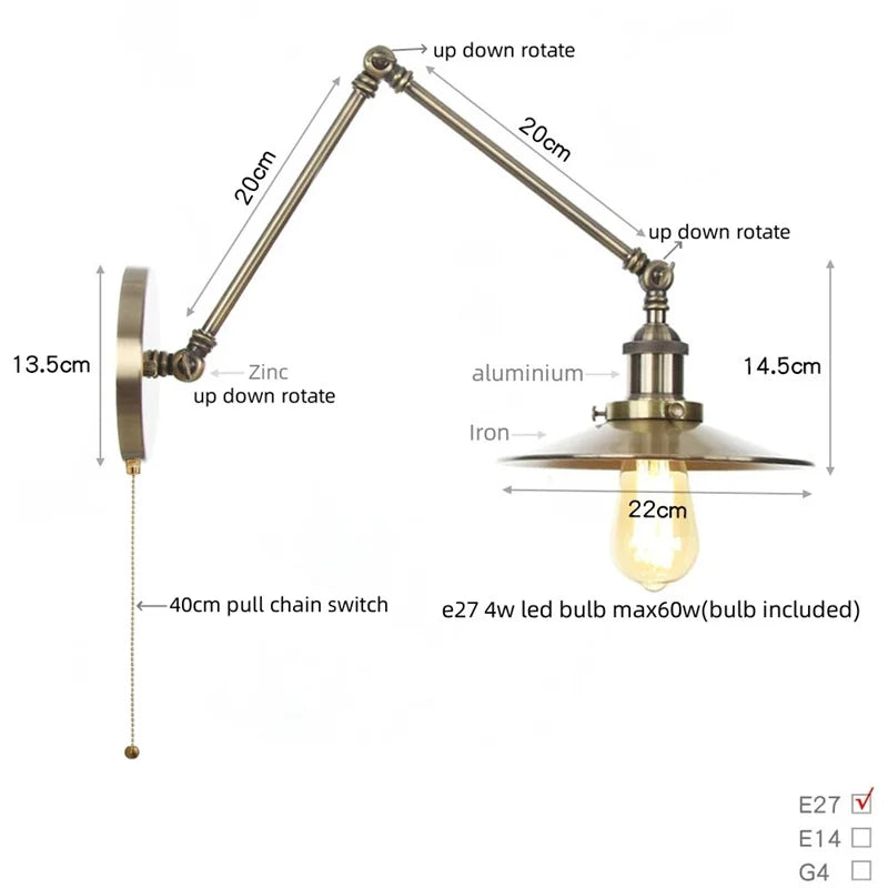 Vintage Industrial Long Arm Adjustable LED Wall Sconce Pull Chain Switch Bedside Lamp