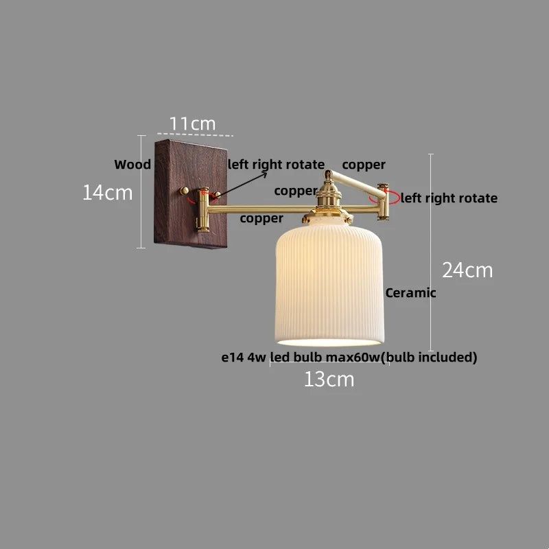 Wood Swing Arm LED Wall Light - Rotatable Bedroom Balcony Bedside Lamp