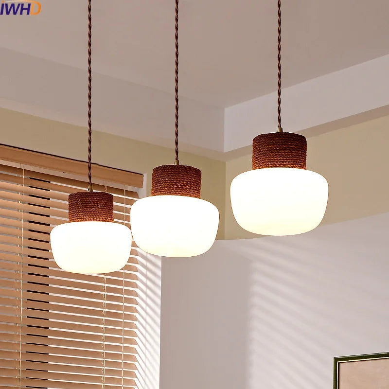 Hemp Rope LED Pendant Light - Nordic Glass Hanging Lamp for Home Decor