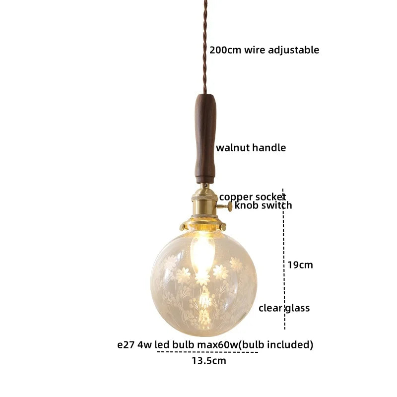 Walnut Glass Pendant Lamp: Nordic LED Hanging Light Fixture for Dining Room, Bedroom, Bar