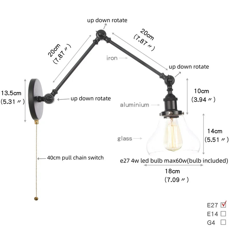Clear Glass Swing Arm Wall Light Fixture for Dining Living Room Cafe