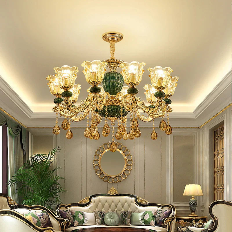 LED Crystal Ceramic Retro Ceiling Chandelier European Style Luxury Lamp