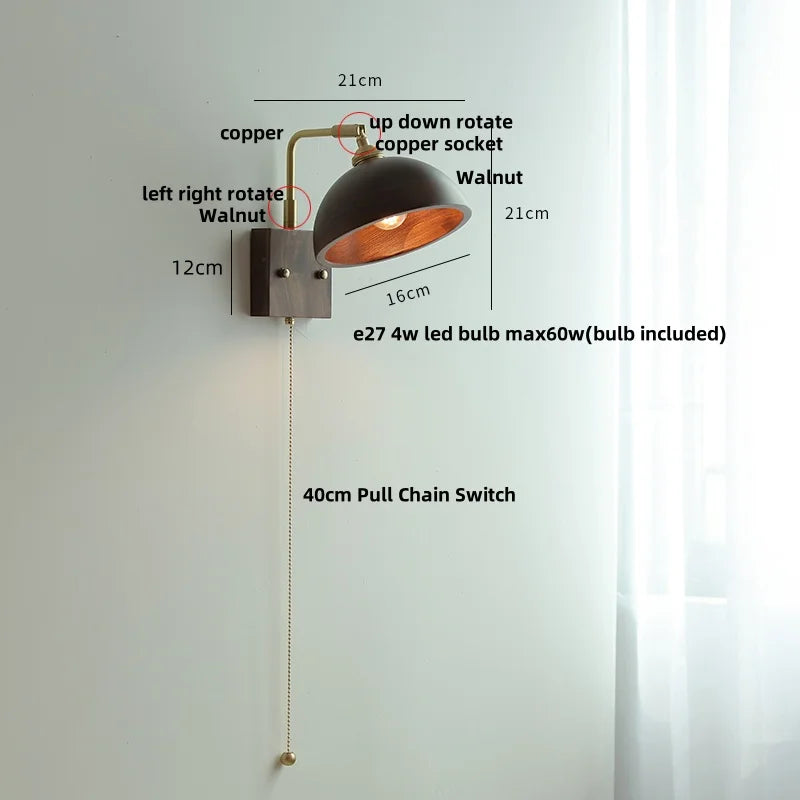 Walnut Wood LED Wall Sconce, Copper Toggle Switch, Vintage Loft Style
