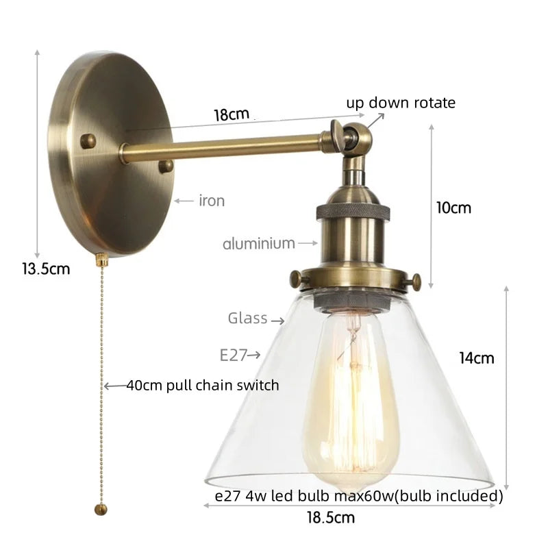 Loft LED Wall Lamp Vintage Pull Chain Switch Iron Bathroom Light