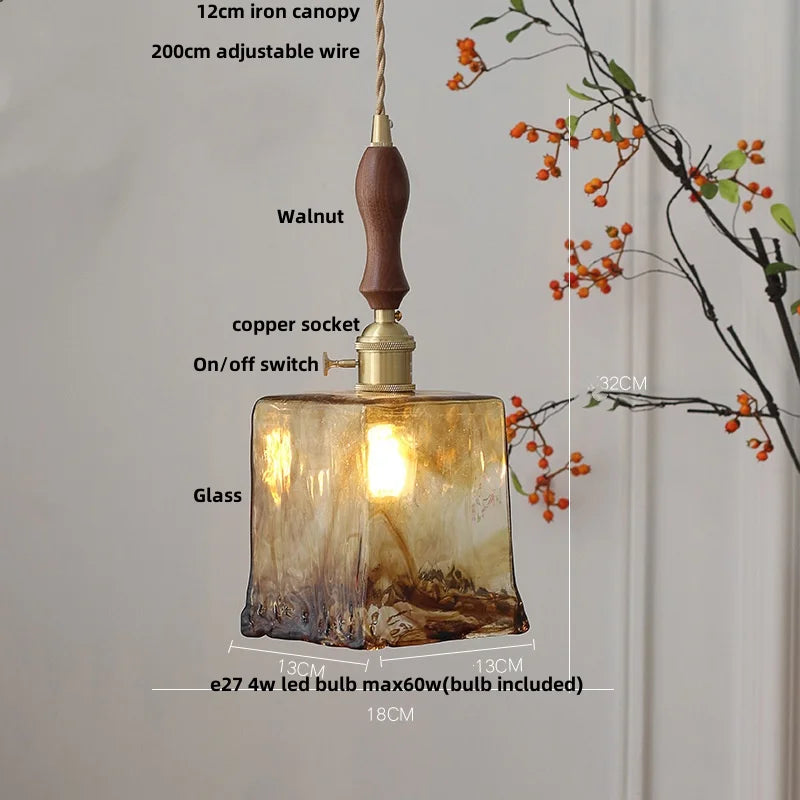 Wood Amber Glass LED Pendant Light Fixture - Nordic Modern Hanging Lamp
