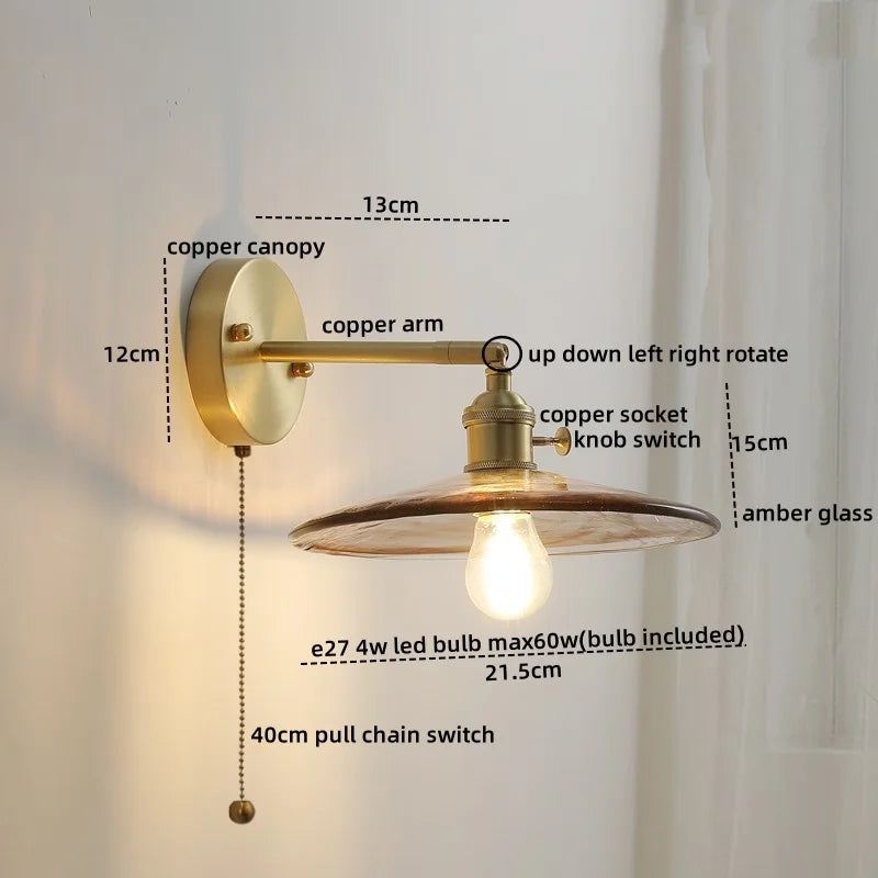 Glass Copper LED Wall Lamp with Knob Switch for Modern Home Decor