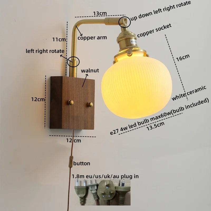 Walnut Ceramic LED Wall Lamp Pull Chain Switch - Modern Bathroom Mirror Light