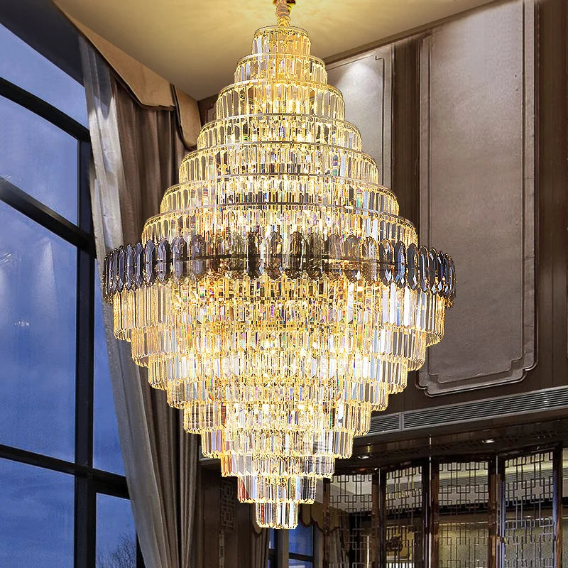 Crystal Chandelier: Luxe Stairwell Lighting for Penthouse Villa
