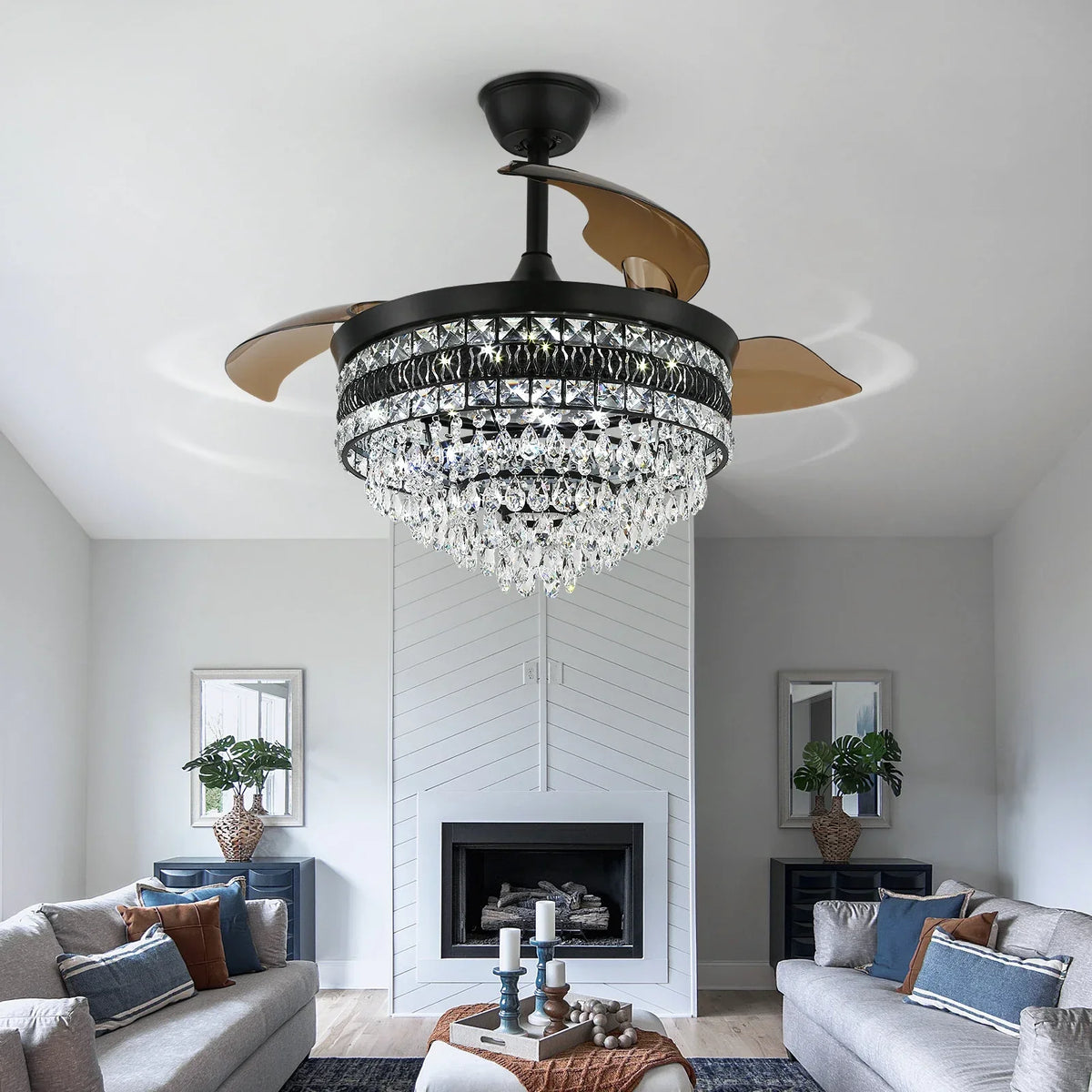 Smart Ceiling Fan with Pendant Lighting, 3-head LED Fandelier Lamp.