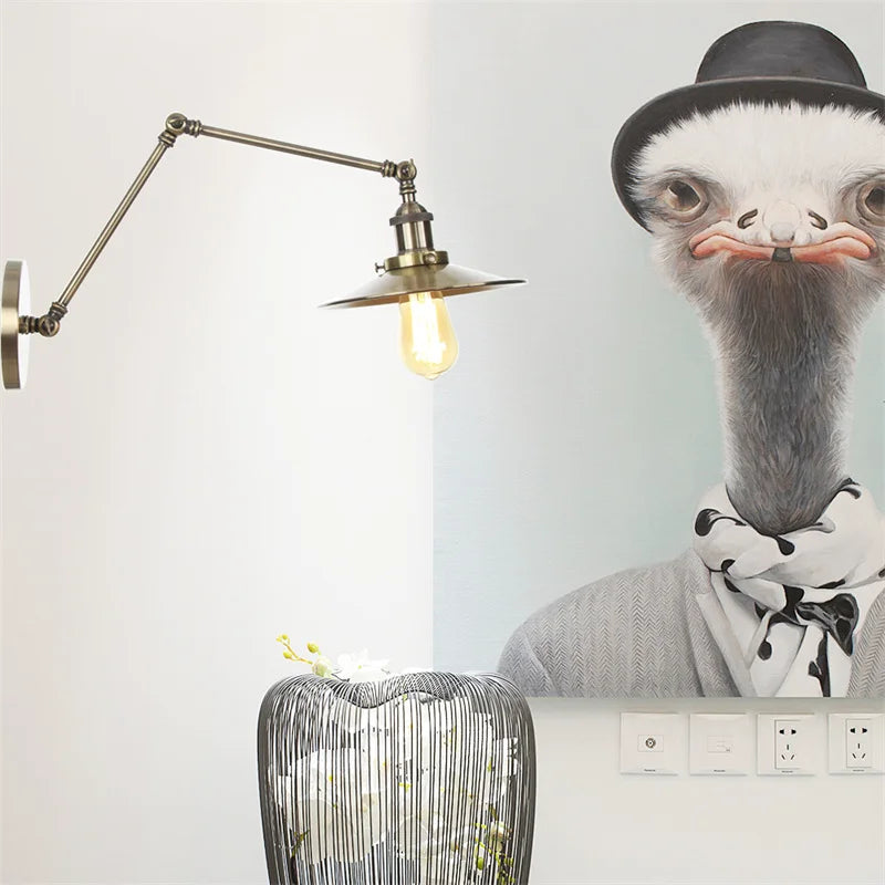 Vintage Industrial Long Arm Adjustable LED Wall Sconce Pull Chain Switch Bedside Lamp