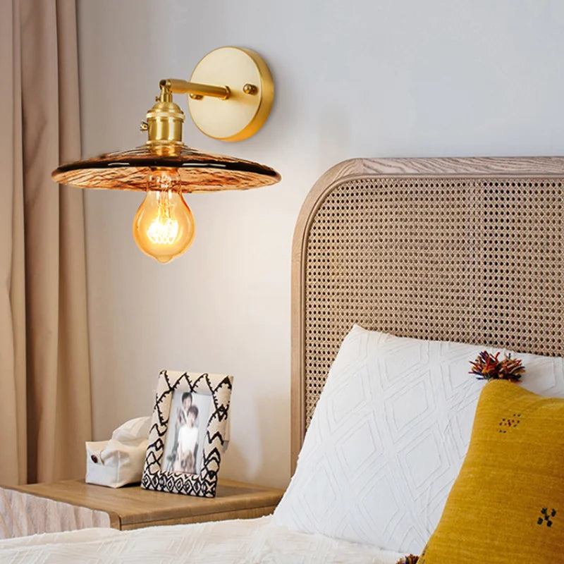 Glass LED Wall Sconce Bedroom Loft Bathroom Stair Light Pull Chain Copper