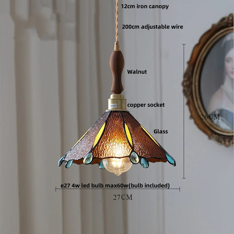 White Glass LED Pendant Light Fixture Walnut Wood Hang Lamp