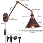 Gold Long Arm LED Wall Sconce with Pull Chain Switch, Adjustable Industrial Bedside Lamp