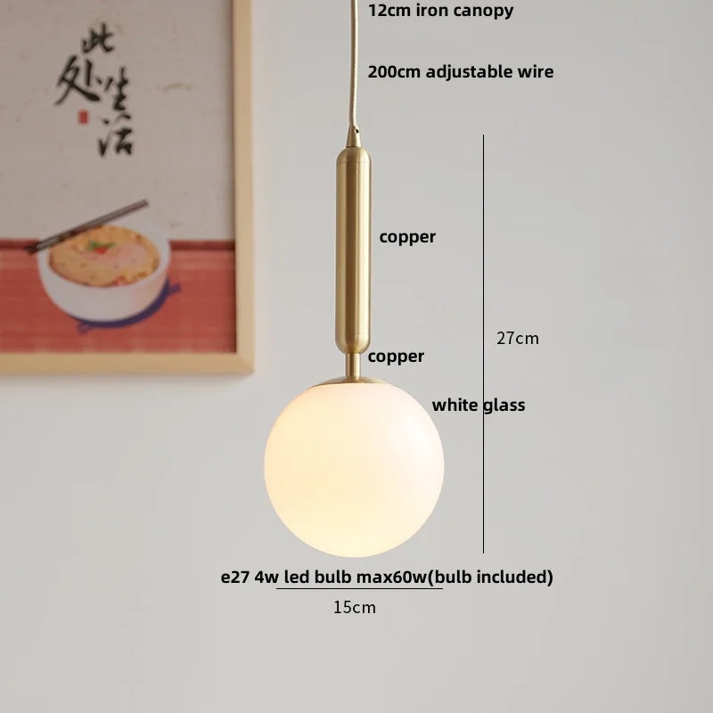 White Glass Copper LED Pendant Lights - Modern Nordic Kitchen Bar Lamp