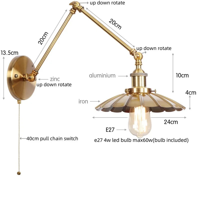 Afralia™ Gold LED Industrial Wall Lamp with Pull Chain Switch