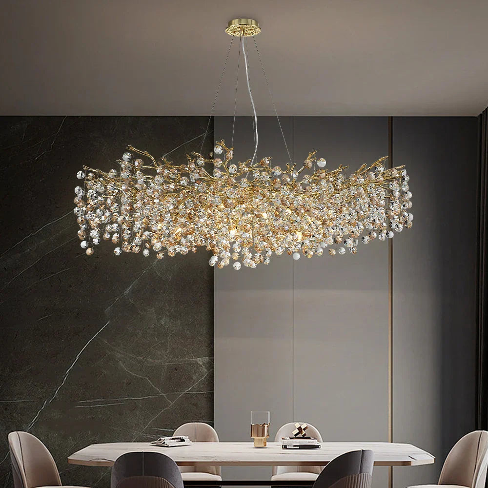 Sun Crystal Gold Lustre Chandelier: Nordic Villa Restaurant LED Ceiling Lamps
