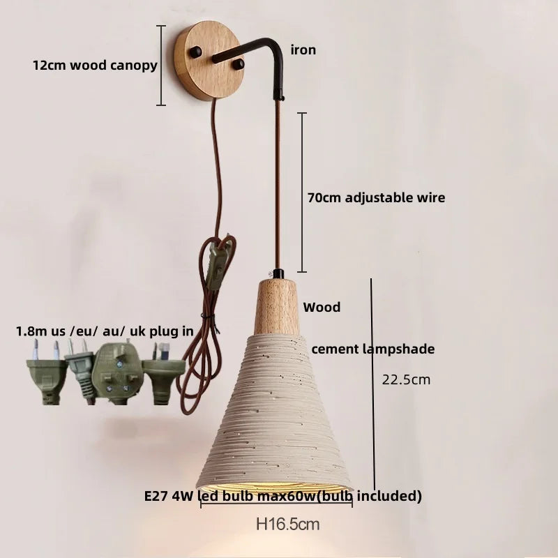 Afralia™ Nordic LED Wall Sconce Wood Cement Interior Home Decor Plug-In Bedside Light